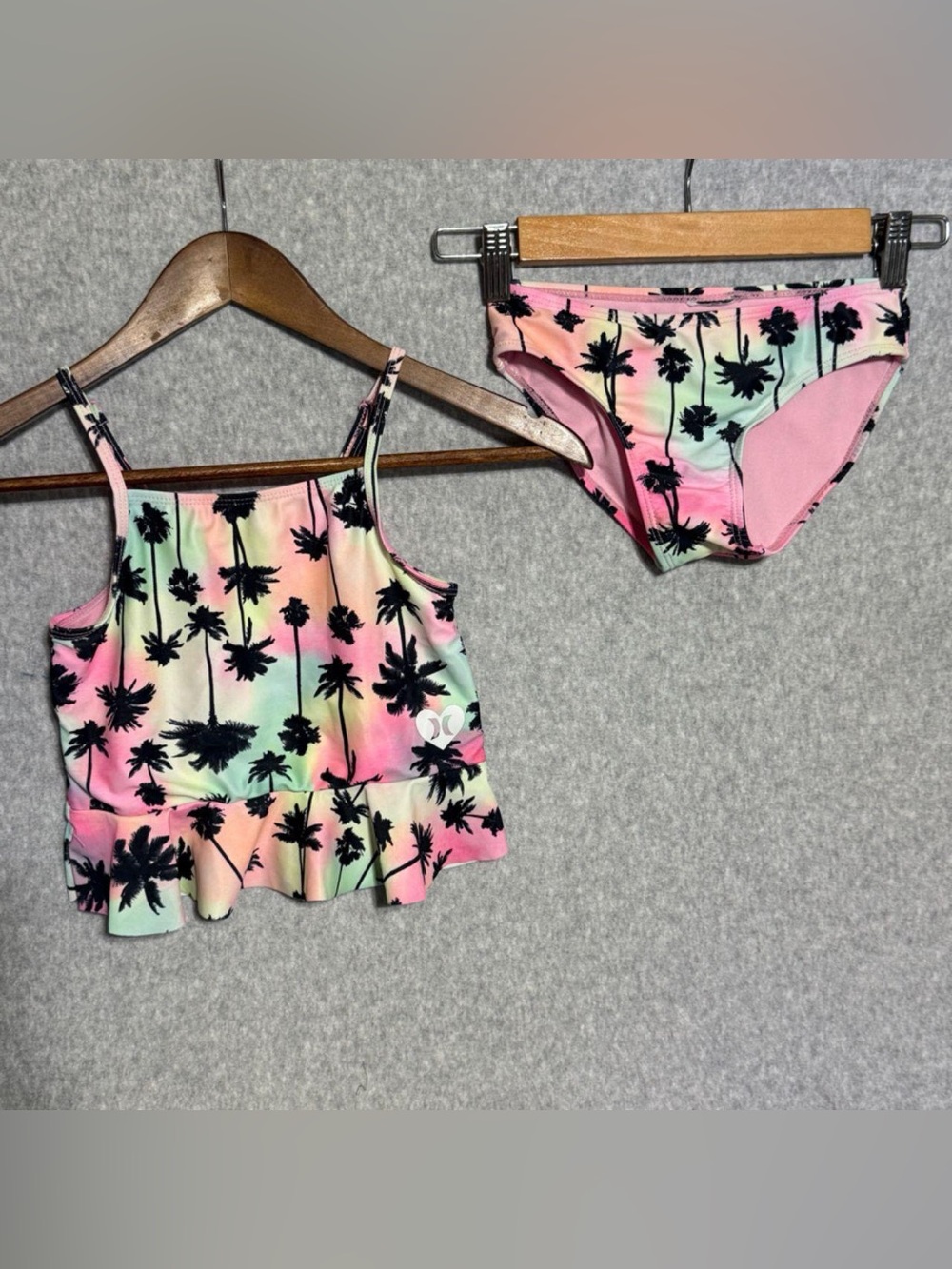 Hurley Girls Palm Tree Pastel Ombre 2-Piece Bikini Set Size 7/8 Peplum